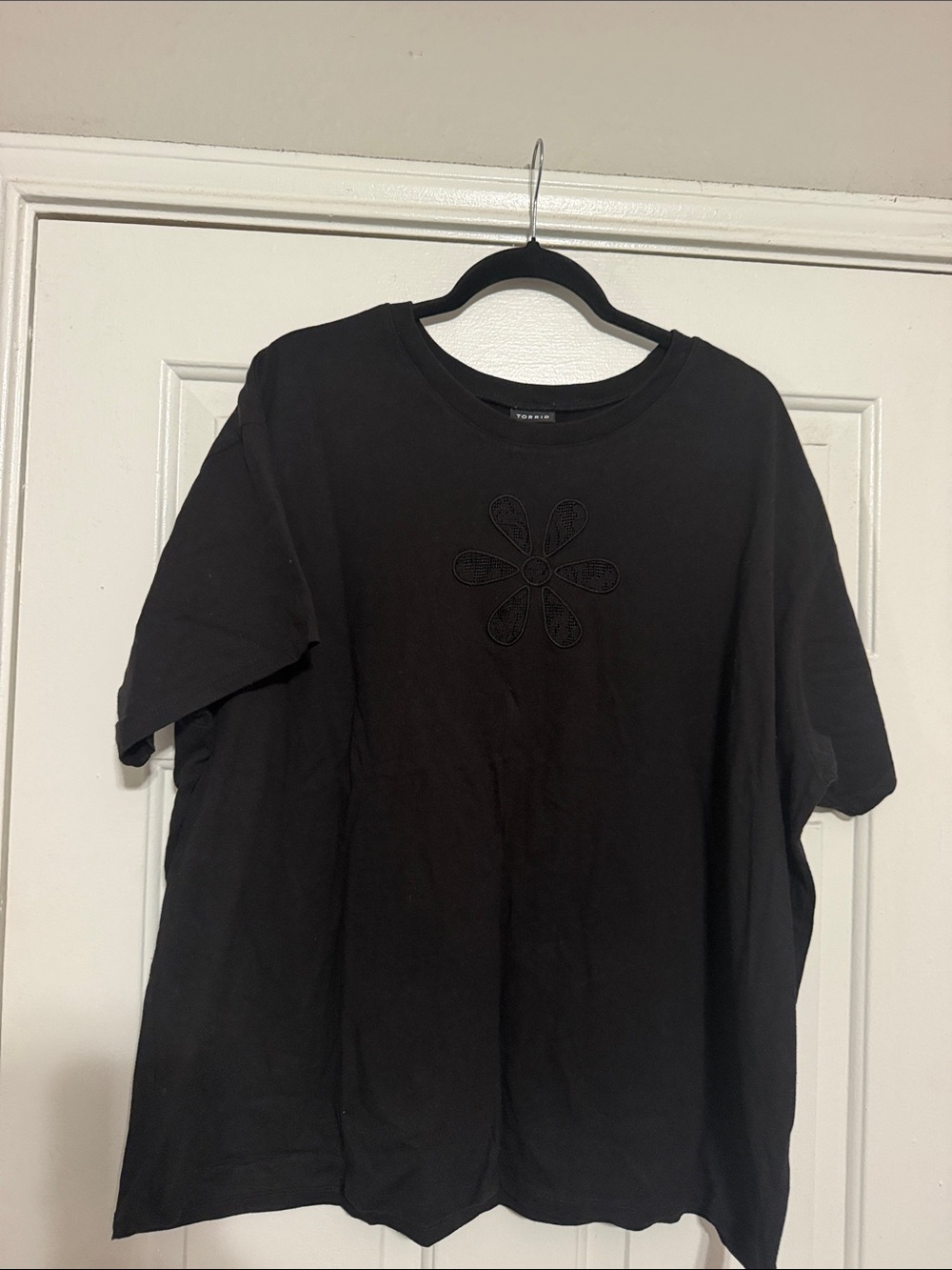 torrid Black Short Sleeve Tee with Subtle Floral Embroidery